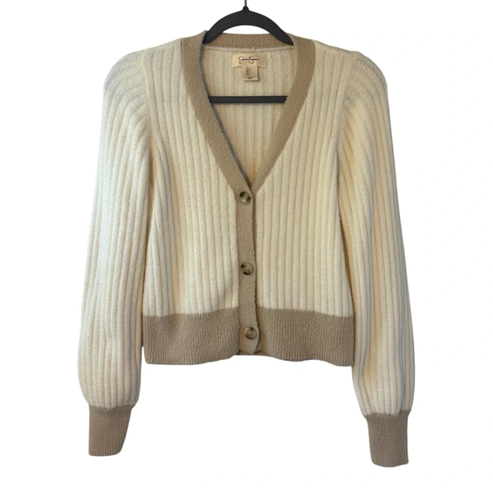Jessica Simpson Cream and Tan Button up super soft fuzzy Cardigan sweater EUC - Picture 1 of 5